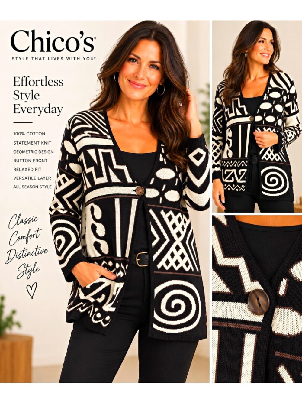 Chico's Black & White Geometric 100% Cotton V-Neck Button-Front Cardigan M